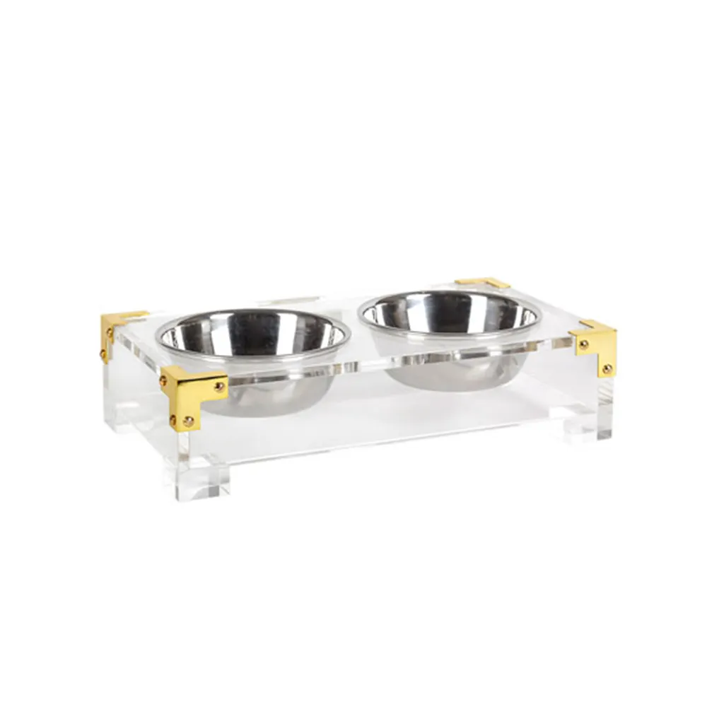 Mangeoire pour chien en plexiglas et laiton, produit personnalisé de luxe, en acrylique, 2 bols, supports avec coins en laiton, pour animaux de compagnie