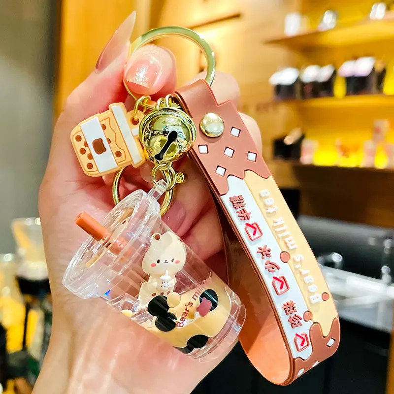 Bán buôn Acrylic Dễ thương Gấu sữa tách trà móc chìa khóa nổi lỏng Mặt dây chuyền BOBA trà Keychain