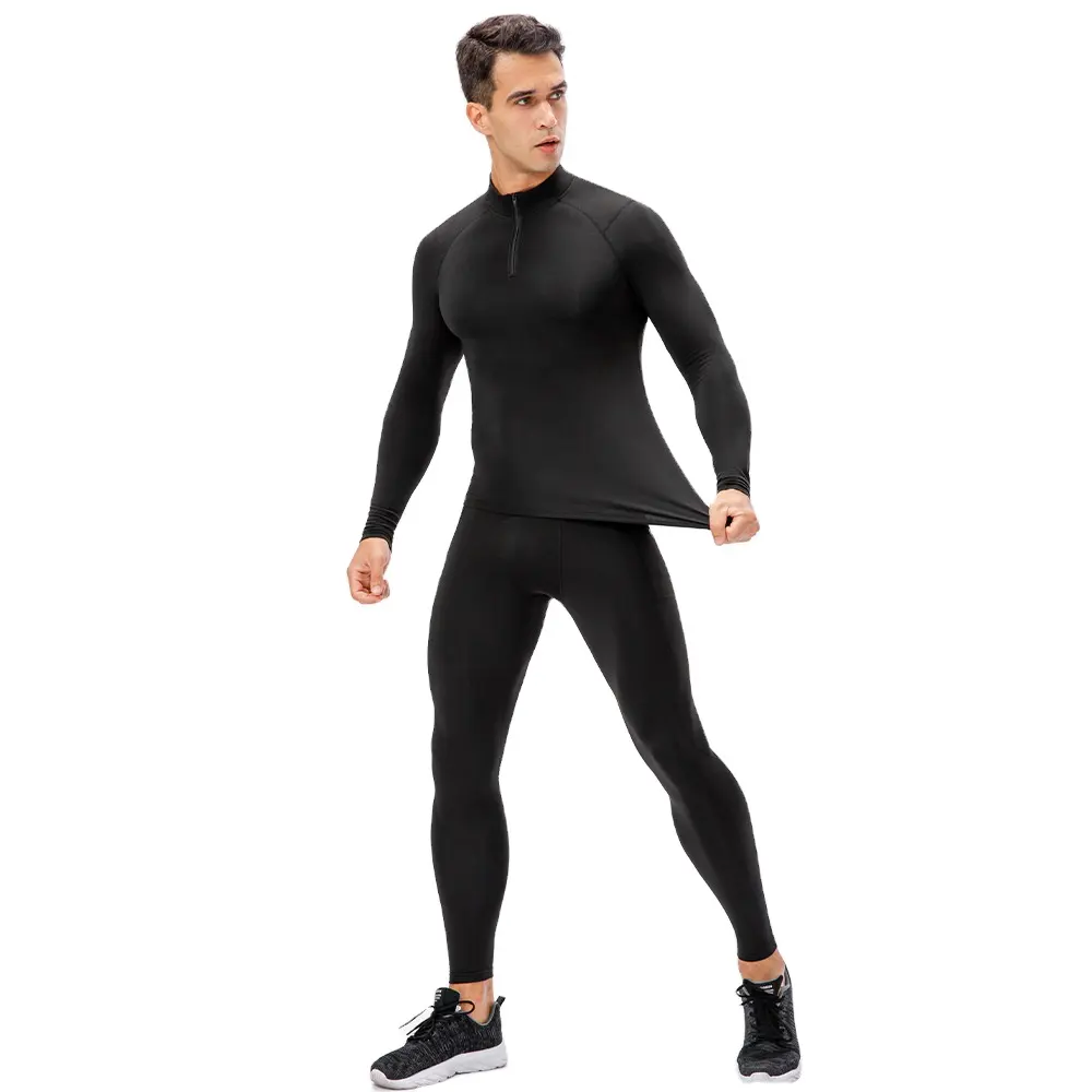 Men's autumn and winter fleece-lined fitness suit long-sleeve zipper tights training trousers quick-drying breathable sportswear