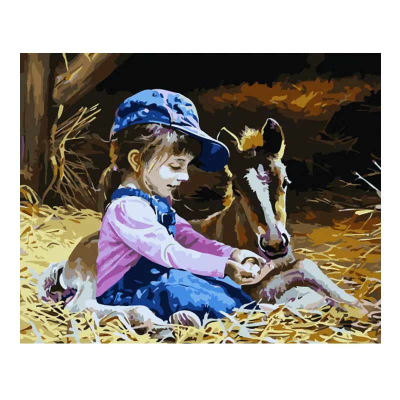 油絵動物ポニーの隣に座っているかわいい女の子写真キャンバスアートウォールアート装飾絵画キャンバス