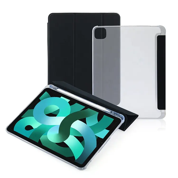Casing Tablet Desain Baru Bening Bahan Kulit Flip Ultra Ramping, Casing Lipat Tiga Tahan Guncangan untuk iPad Pro 2021/2020