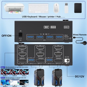 KVMスイッチャーツーインスリーアウト8K @ 60Hz 4K @ 144Hz、3台のモニターと4台のUSB3.0デバイスを共有する2台のコンピューター用 - Product Image 5