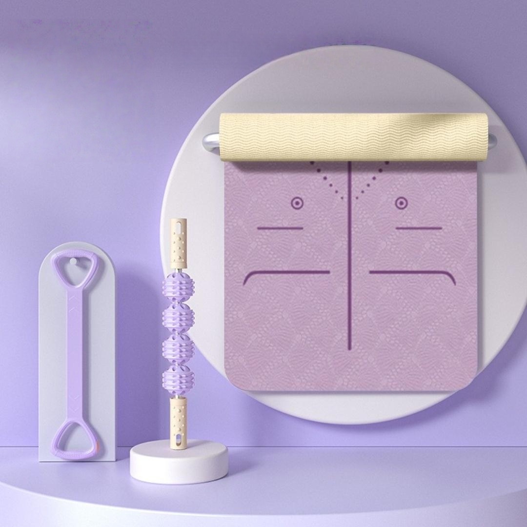 Purple yoga mat with lines+massage stick+resistance rope