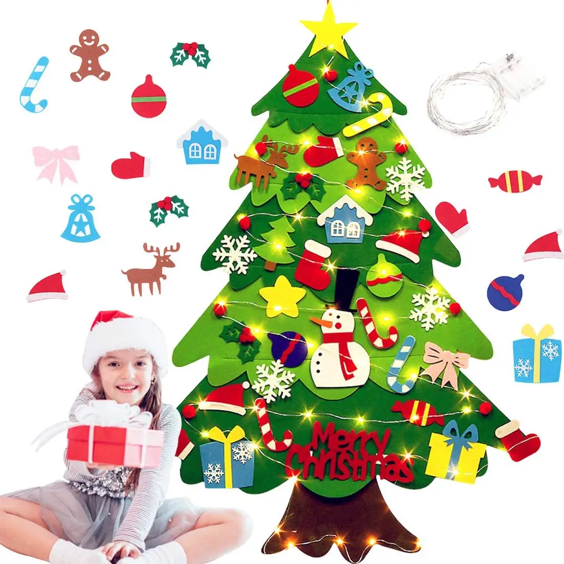 Pädagogische DIY Filz Weihnachts baum Set Kinder Wandbehang Filz Baum mit 32 Toppers Weihnachts schmuck und Lichterkette