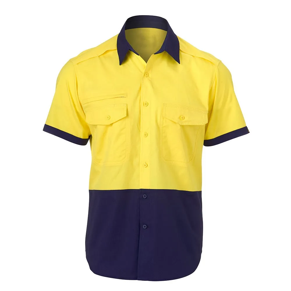 Camicia di sicurezza da lavoro a maniche corte leggera bicolore ad alta visibilità personalizzata all'ingrosso con nastro riflettente da 3m