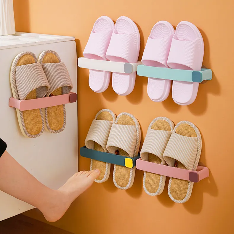 Sesamwand Gemonteerd Plastic Slippers Rek Met Haken Badkamer Multifunctionele Zelfklevende Handdoek Plank