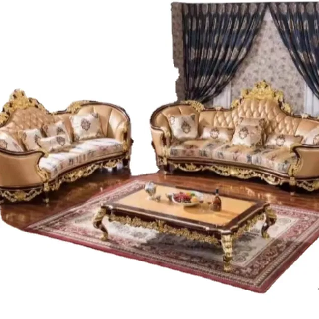 Stile reale europeo stile barocco in legno massello Set da soggiorno Design antico divano componibili in pelle tavolino Villa