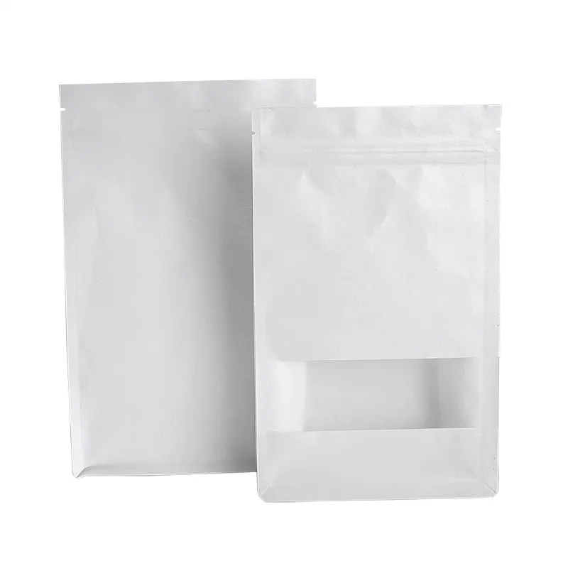 White Kraft Paper 8 Sides Sealing Zip Lock Pouches Bags with Window Food Packaging White Zipper Pouch Custom Printed