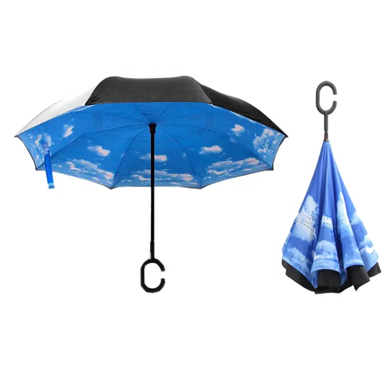 C payung lipat tahan angin pria wanita, payung terbalik lapisan ganda Anti UV berdiri sendiri Anti hujan mobil matahari