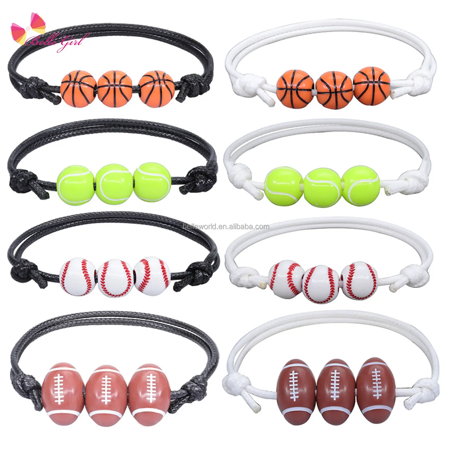 BELLEWORLD embalaje personalizado logo rugby pulsera béisbol pelota de tenis baloncesto fútbol colgante rugby hilo encerado bola pulsera