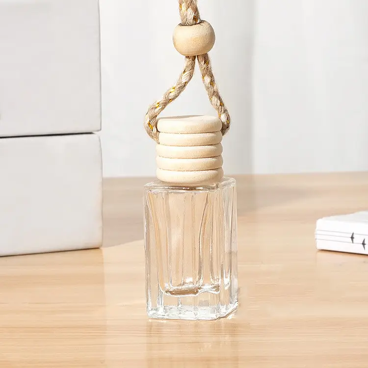 Nieuw Product 9Ml Rechthoek Leeg Opknoping Auto Luchtverfrisser Diffuser Parfum Glazen Fles Met Houten Dop