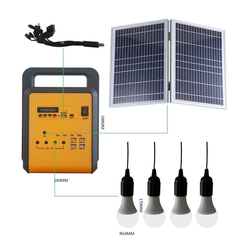 Batteria ricaricabile LiFePO4 al litio 4 lampadine a LED altoparlante musicale Radio 20W caricatore pannello solare mini luce solare Kit