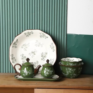 Винтажный зеленый богемный набор керамической посуды с ручной росписью подглазурные наборы посуды - Product Image 2