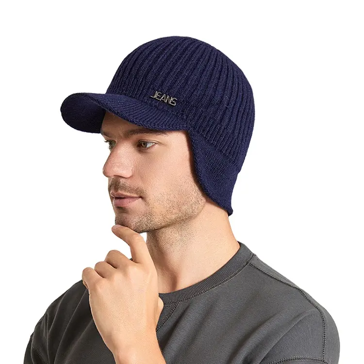 Chapeau d'hiver en laine tricotée Version coréenne Chapeau pour hommes Outdoor Warm Ear Protection Baseball Cap Brim Knit Hat