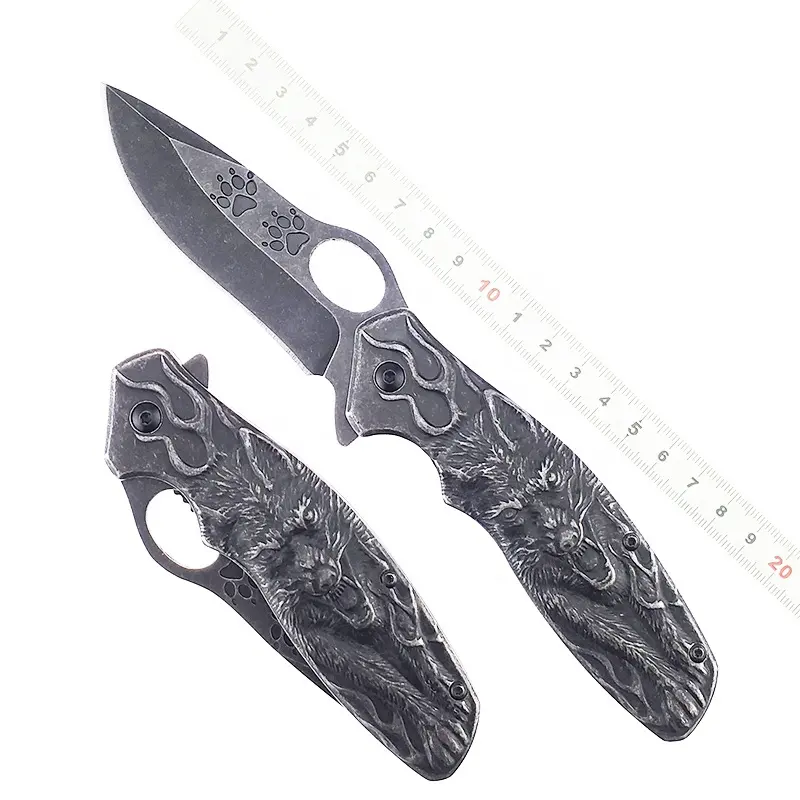 Cuchillo táctico plegable de lobo 3D de acero inoxidable para lavado de piedra, herramienta multifunción para supervivencia al aire libre, caza, Camping, senderismo