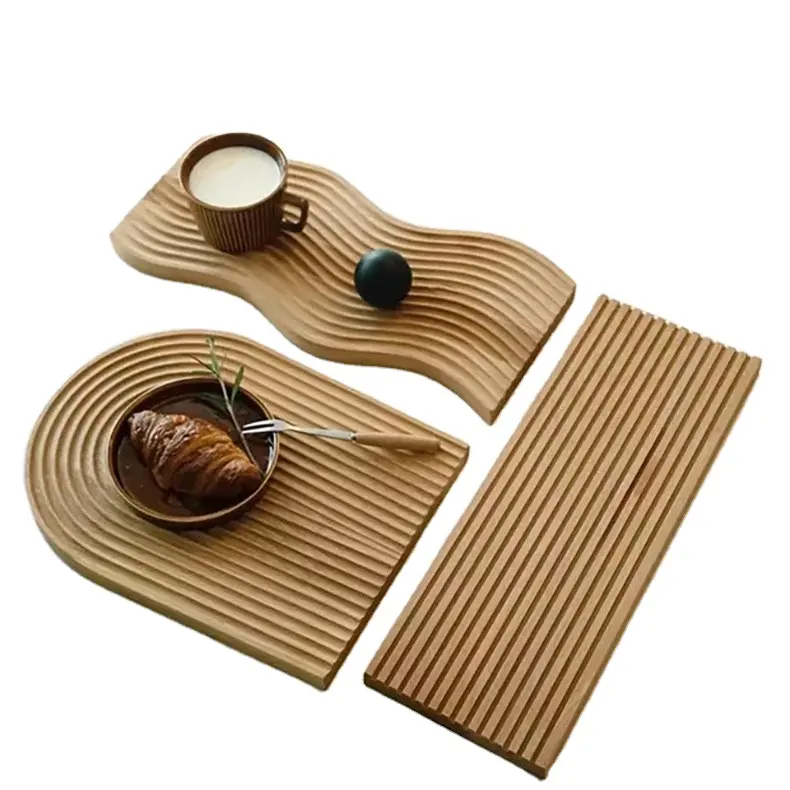 Bandeja de madera de haya ondulada de agua de estilo nórdico personalizada para café, té, pan, comida, cena, Bandejas para servir, tablas decorativas