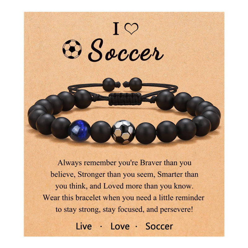 Pulsera de fútbol - Ojo de tigre azul, piedra esmerilada - Tarjeta de fútbol