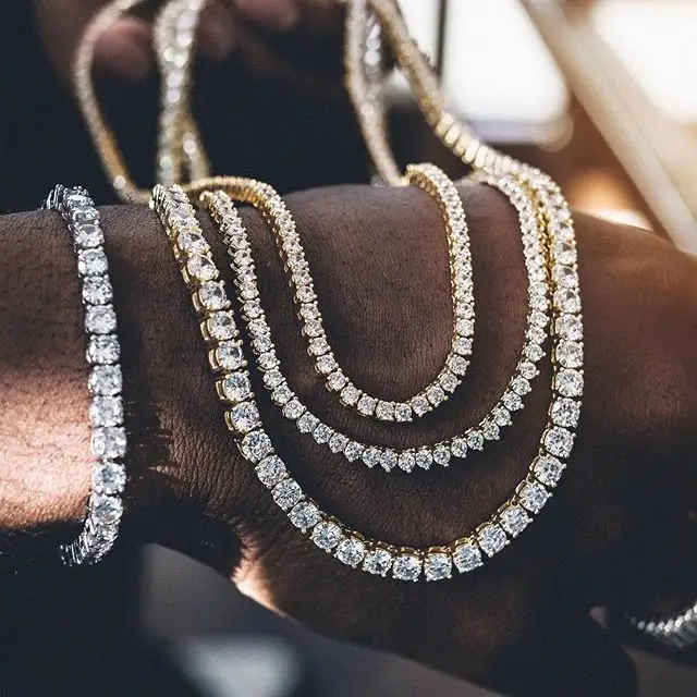الجملة الهيب هوب مجوهرات الأزياء مثلج خارج 18K الذهب الفضة مطلي النحاس الزركون الماس تنس سلسلة قلادة تشيكوسلوفاكيا للرجال النساء