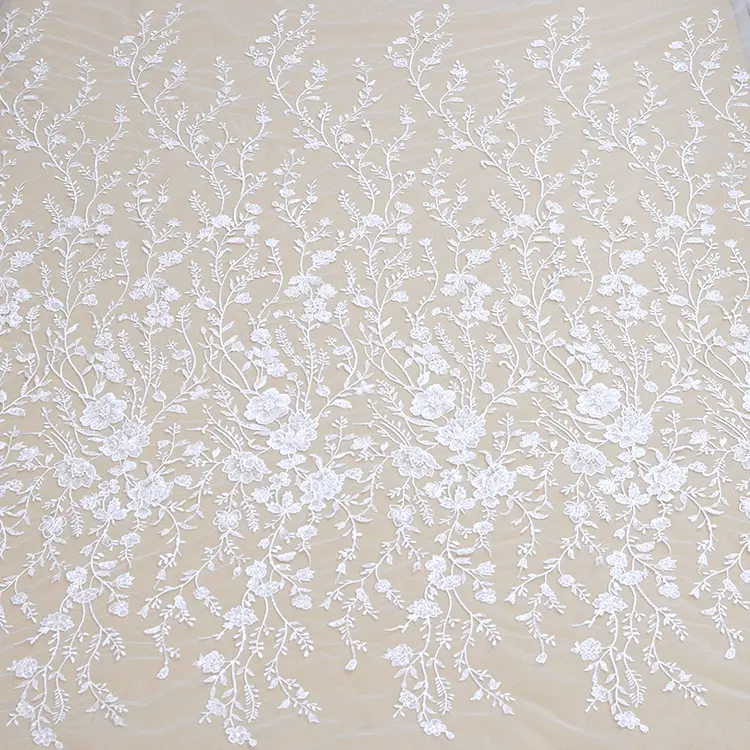 ブライダルレース生地ソフトメッシュ光沢スパンコールホワイト刺繍
