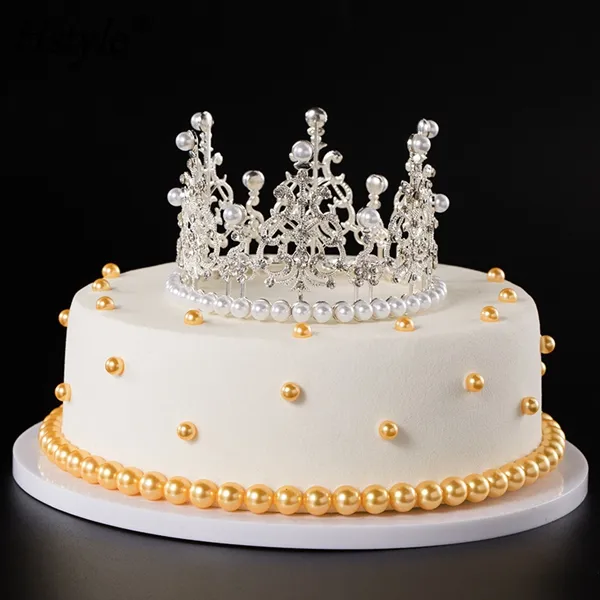 Pearl Crystal Crown Crown Crystal Pearl Topper Tiara Hair Ornaments Ornament Princess Wedding Birthday Baking Cake PQ906