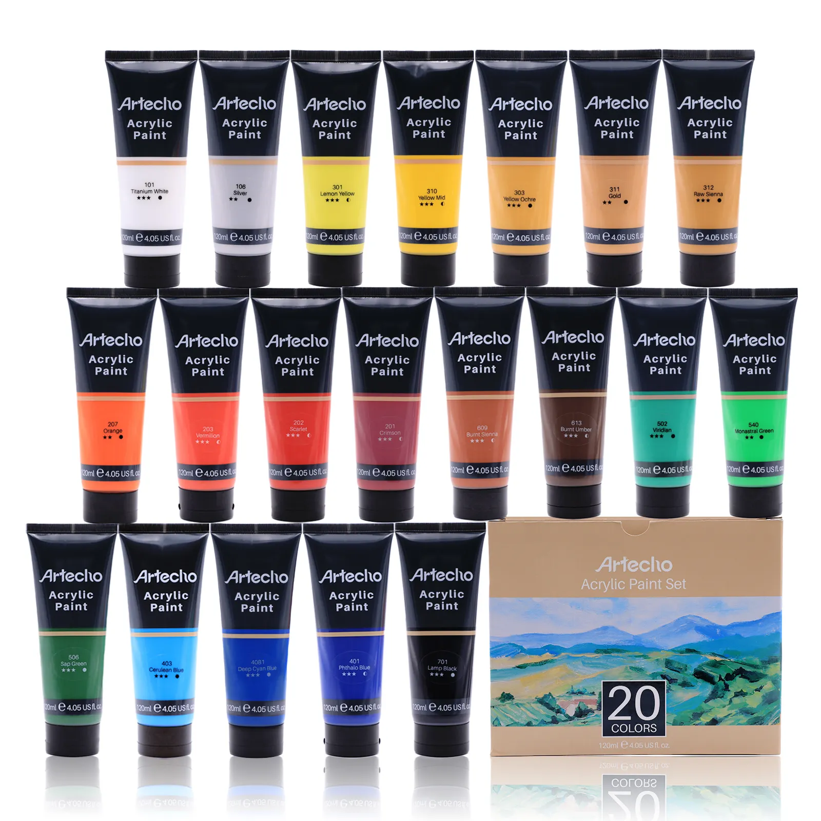 Artecho 20 couleurs 4.05 oz/120ml peinture d'artiste pour fourniture d'art ensemble de peinture d'artiste acrylique