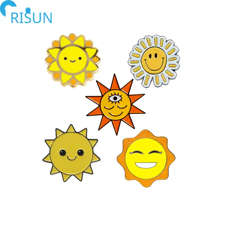 Fabbricazione Cool Sun con occhiali da sole spilla smaltata estiva Logo personalizzato Happy smilling Yellow Sun smalto Pin all'ingrosso