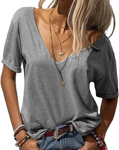 Camisetas personalizadas con cuello en V profundo, Camisetas Básicas de moda de manga corta, Camiseta básica de talla grande holgada informal sólida - Product Image 5