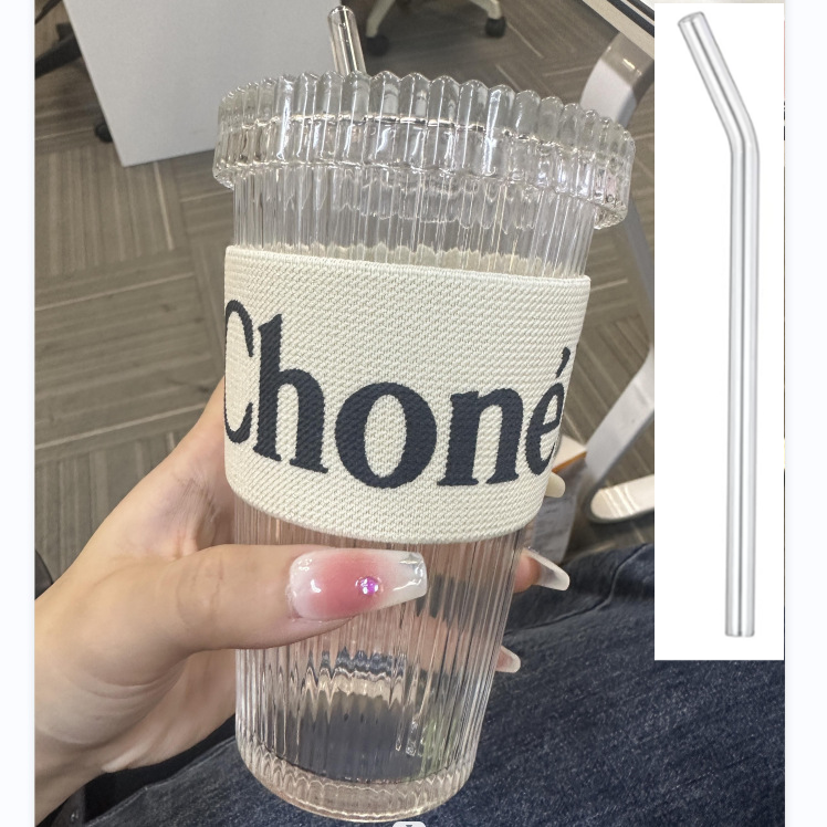 Transparent --- tasse + couvercle + paille incurvée + manchon
