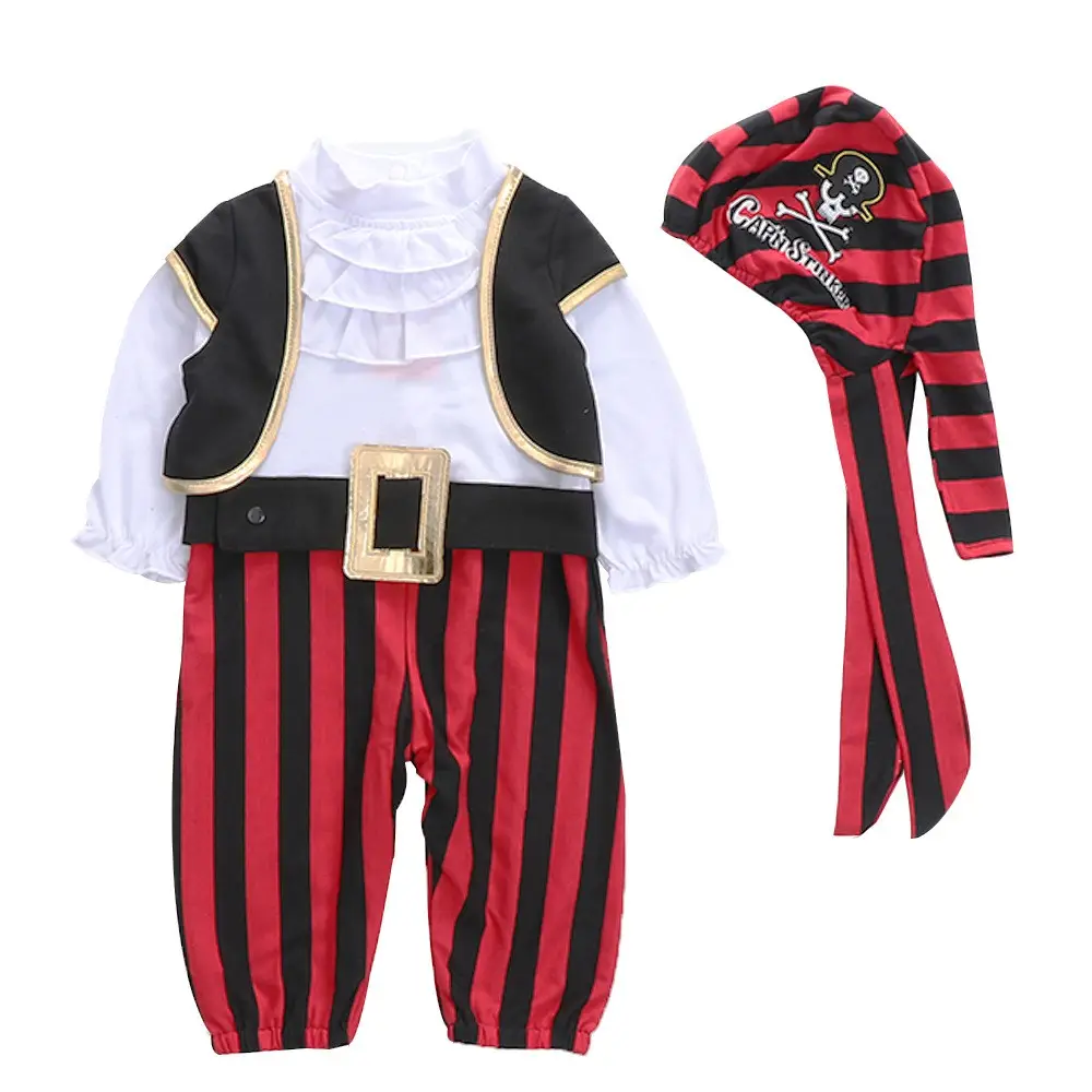 Halloween Toddler Boy pagliaccetto a maniche lunghe + gilet + cappello + cintura 4 pezzi Set Costume da pirata per bambini
