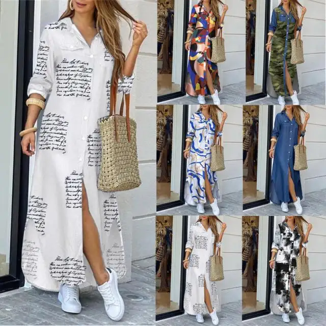 गर्म बिक्री ग्रीष्मकालीन प्लस आकार महिलाओं के कपड़े 5xl सफेद मैक्सी पत्र महिला शर्ट पोशाक के लिए लंबी आस्तीन मुद्रित