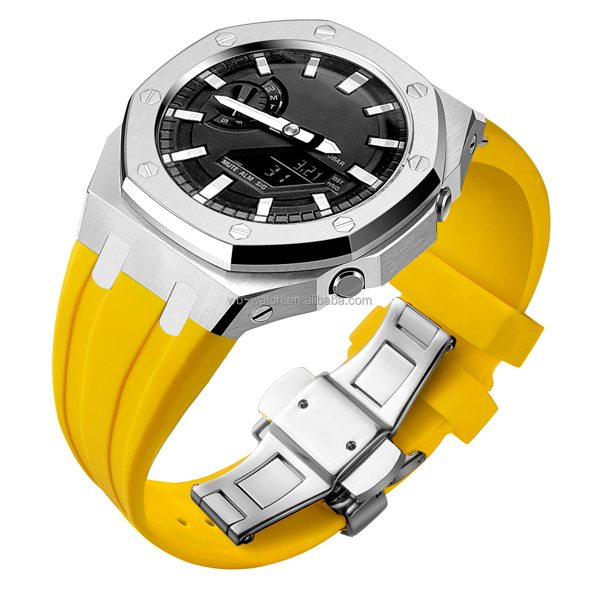 Boîtier argenté, bracelet jaune.