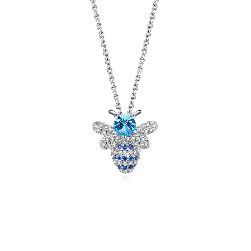 Adjustable Cord 925 Sterling Chain Blue Zircon For Women Simple Bee Pendant Oxidized Silver Necklace