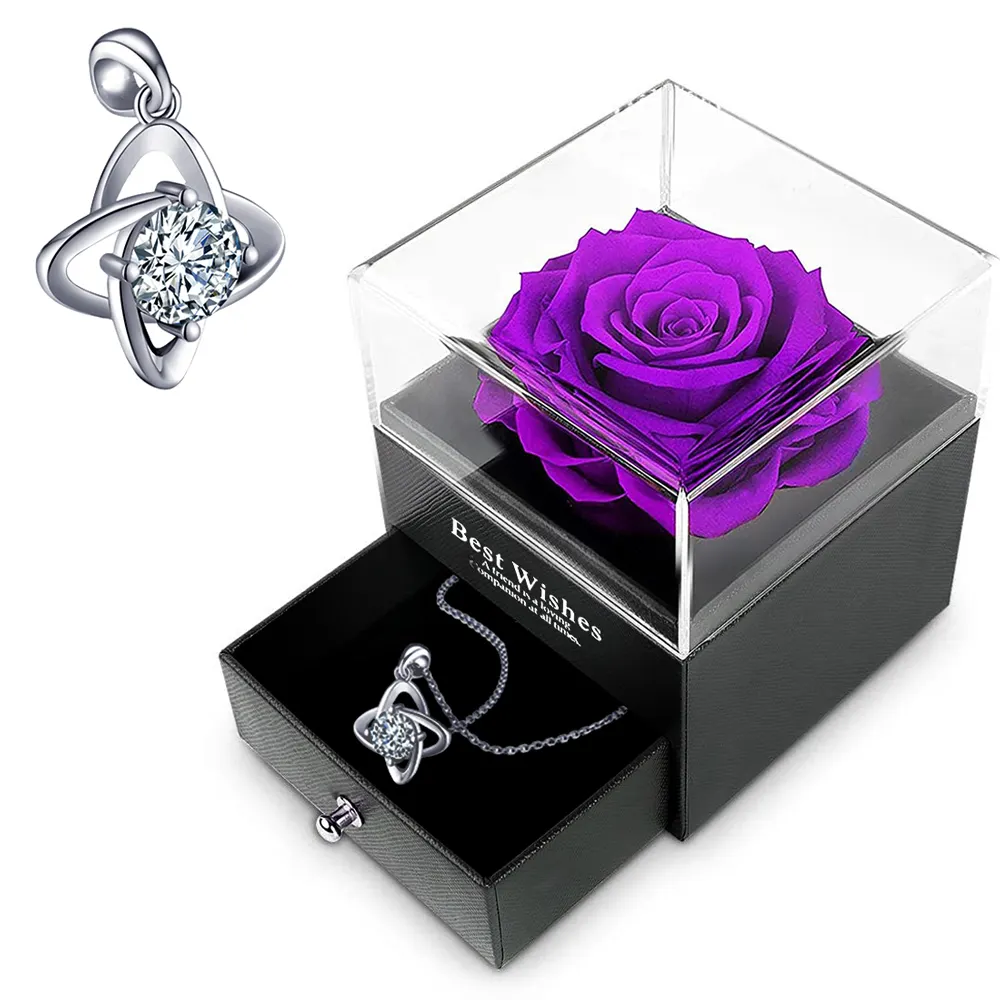 2023 Hflora vente en gros cadeaux de fête des mères roses préservées éternelles fleurs bijoux collier avec rose éternelle cadeaux pour maman