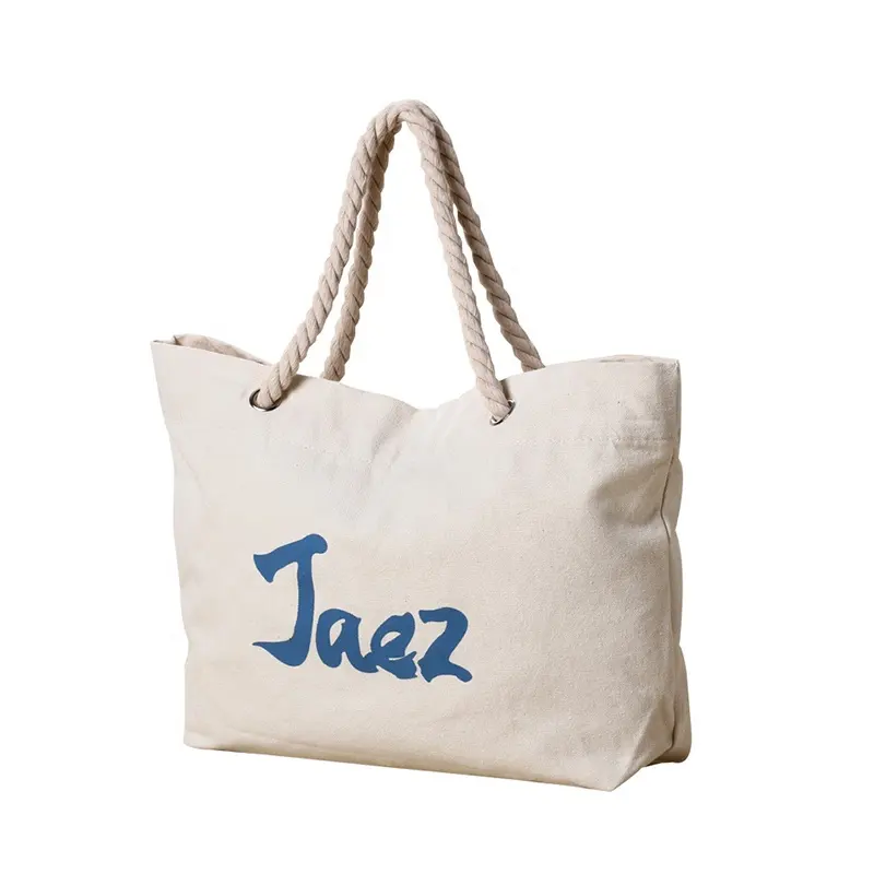 Nuovo Logo con stampa personalizzata borsa da spiaggia grande sublimazione shopping all'ingrosso borsa tote borsa da spiaggia in tela di cotone manici in corda