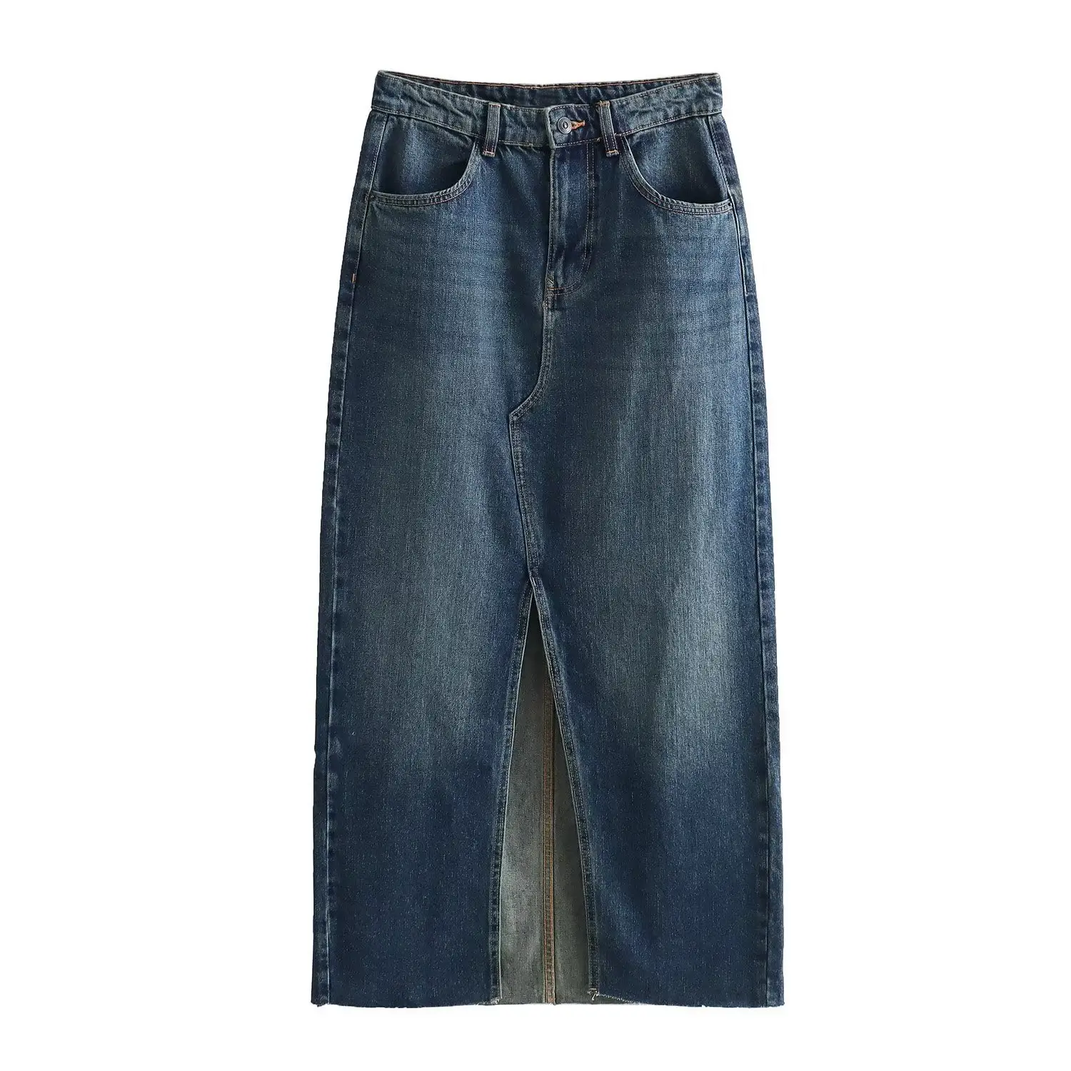 SKYKINGDOM nouveau style d'automne polyvalent taille haute rétro bleu fente conception midi jupe en jean pour les femmes