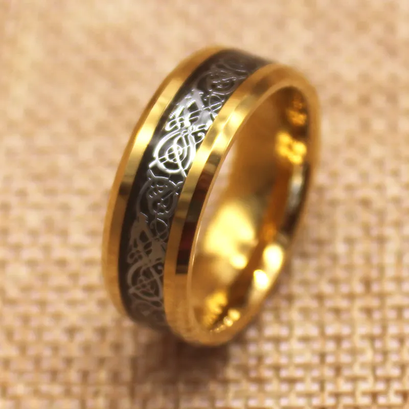 8Mm Zilver Goud Celtic Zilveren Draak Mannen Wolfraamcarbide Ring Zwart Koolstofvezel Inlay Hoge Gepolijste Afgeschuinde Glanzende Banden