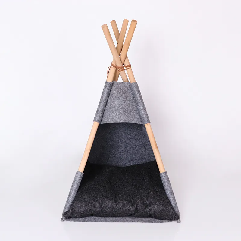 Groothandel Vilt Hout Tipi Voor Hond En Kat Luxe Afneembare Pet Bed Woonkamer Huisdier Tent Huis