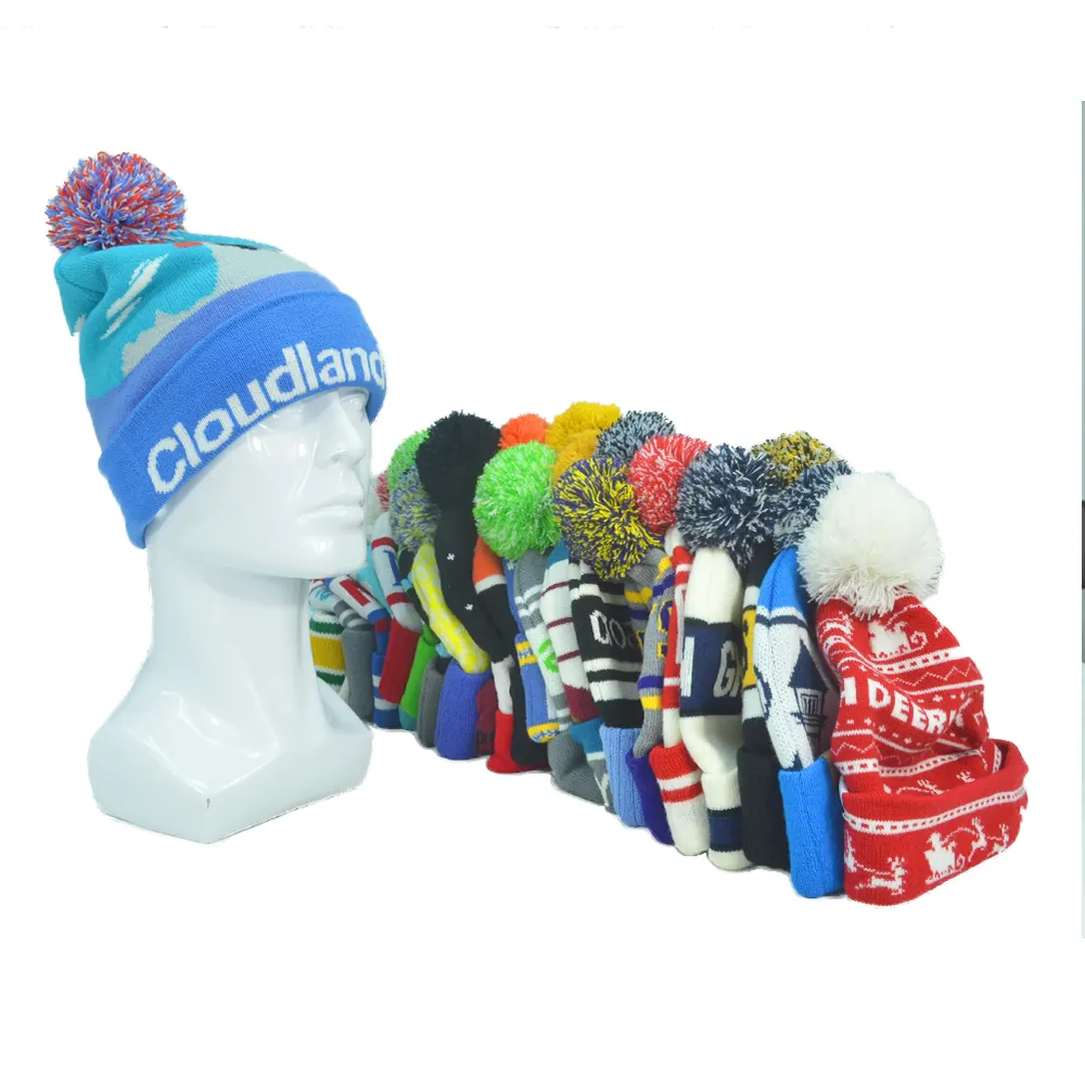 Vente en gros, bonnet tricoté, rayé, toque, logo personnalisé, jacquard d'hiver, bonnet tricoté avec pompon