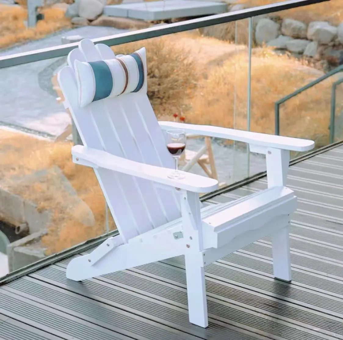 야외 가구 중국 안락 의자 퇴색 방지 쉬운 유지 보수 플라스틱 나무 정원 의자 대형 파티오 Adirondack 의자