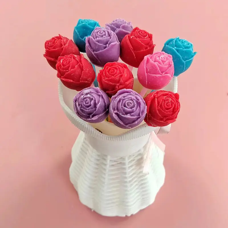 3D गुलाब फल स्वाद चॉकलेट कैंडी गुलाब चॉकलेट लंबी छड़ी लॉलीपॉप चॉकलेट