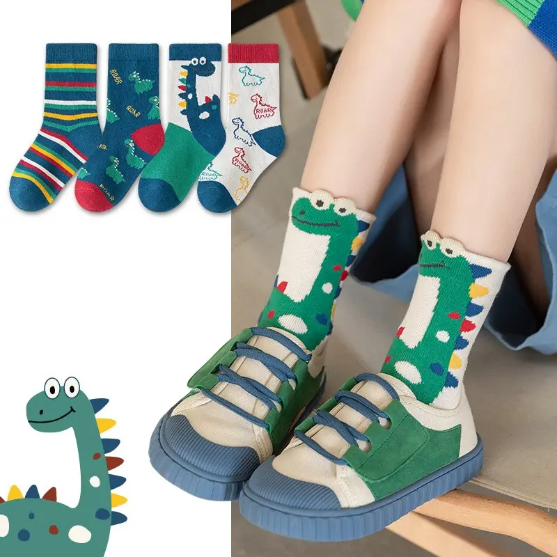 Calzini per bambini autunno e inverno nuovo dinosauro dei cartoni animati traspirante che assorbe il sudore calzini alla moda per ragazzi a tubo centrale