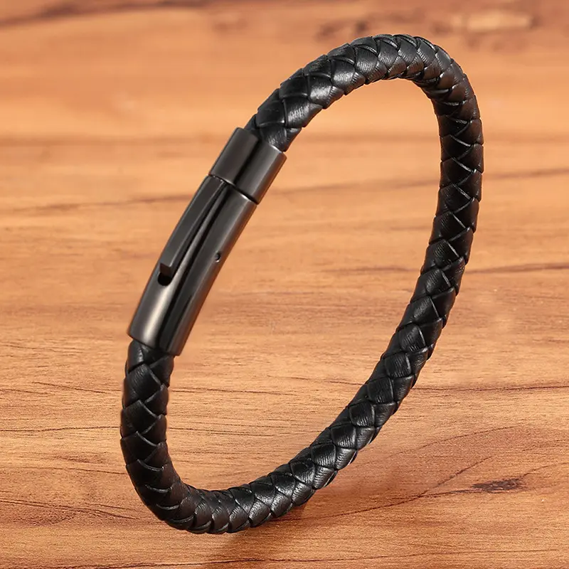 Pulsera de cuero de estilo clásico para hombre, brazalete Simple de acero inoxidable negro, accesorios neutros con botón, joyería tejida a mano, regalos