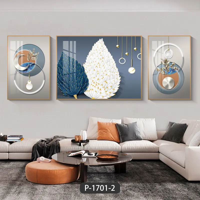 Decoración del hogar, Juego de 3 piezas, Tríptico de plumas de porcelana de cristal, pintura abstracta y pintura de arte de pared