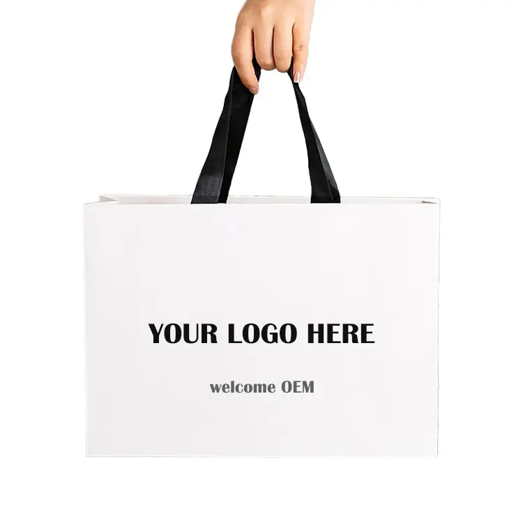 사용자 정의 인쇄 자신의 로고 고급 흰색 의류 신발 쇼핑 종이 가방 블랙 리본 핸들