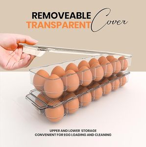 Paquete de 2 contenedores de huevos de plástico transparente con asa de tapa Soporte de huevos de refrigerador apilable para organización de almacenamiento de cocina - Product Image 3