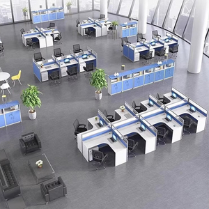 Light Blue T-Shaped Modular Office Furniture 4-Person Staff <strong>Computer</strong> Desk with Card Holder L Corner Staff <strong>Table</strong> Screen Desk - Product Image 5