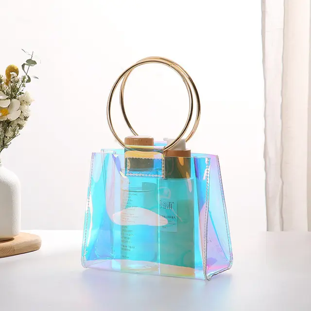 Laser Rainbow PVC Cosmetic Toiletry bag Transparent Custom Travel Clear Wedding Gift Bag With Logo Metal Ring Handle