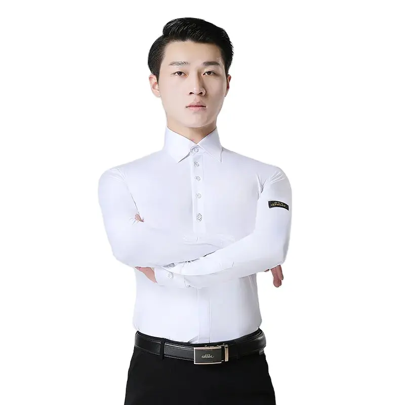 DOUBL Dance Men Latin Ballroom Shirt Male Workout Adult Ballroom Competition White BODY Button Dance Stage Performance Clothes