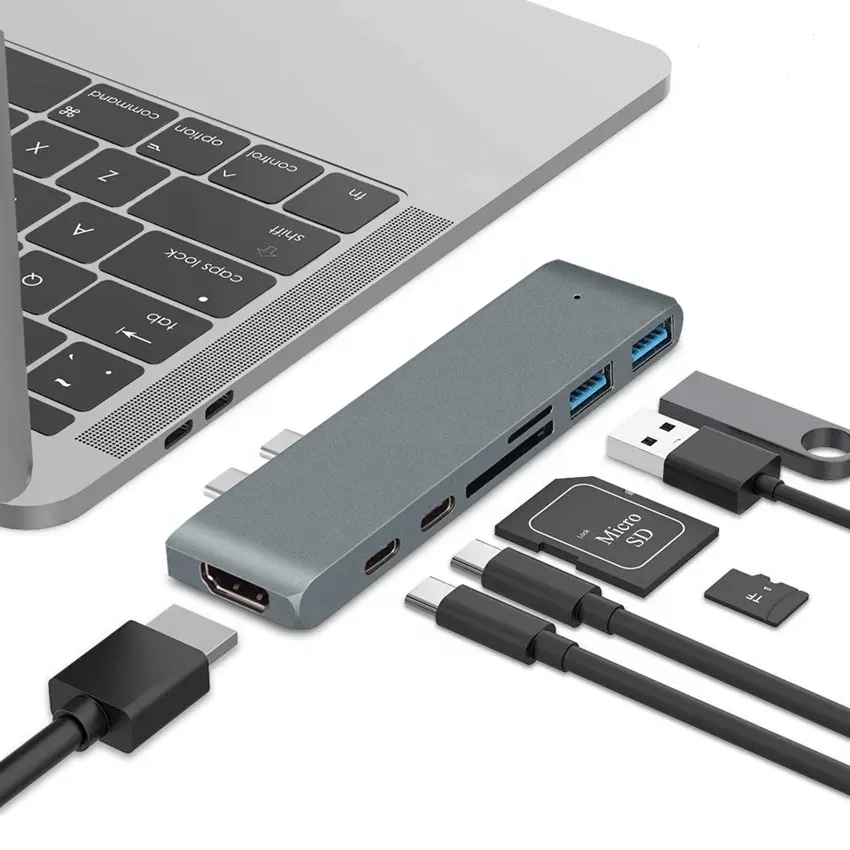7 in 2 듀얼 USB C 4K HDMI 허브 USB C, 유형 C 데이터, TF/ SD 카드 슬롯, 2 USB 3.0 맥북 프로 등