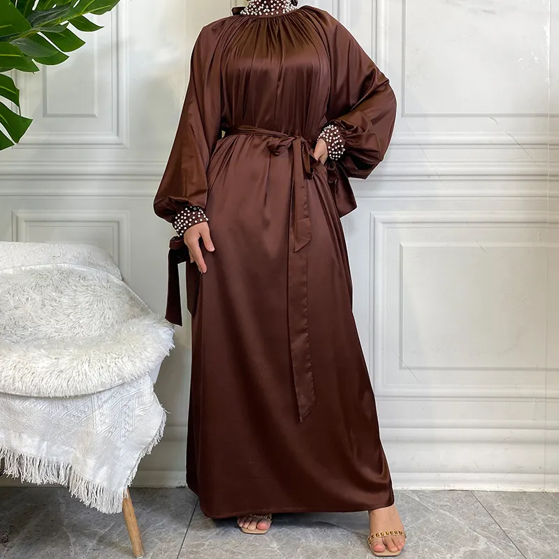 Vestido longo de cetim feminino modesto Ramadã Khimar Hijab Abaya Dubai Turquia Árabe Africano Maxi Kaftan para uso de roupas